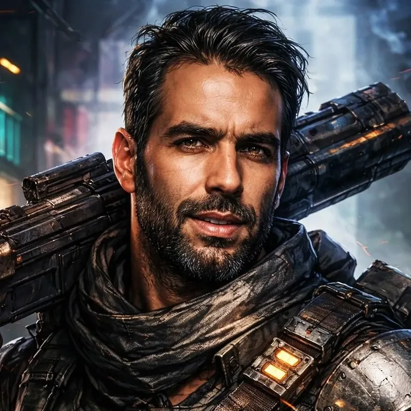 Portrait d'un mercenaire regardant la caméra, avec un léger sourire en coin et une ressemblance frappante à John McLaine