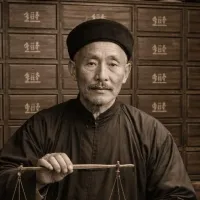 Vieille photographie d'un apothicaire chinois coiffé d'un bonnet, homme d'âge mûr