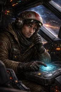 Un pilote équipé d'un casque rond, dans le cockpit de son vaisseau, regardant vers la caméra alors qu'il manipule un hologramme