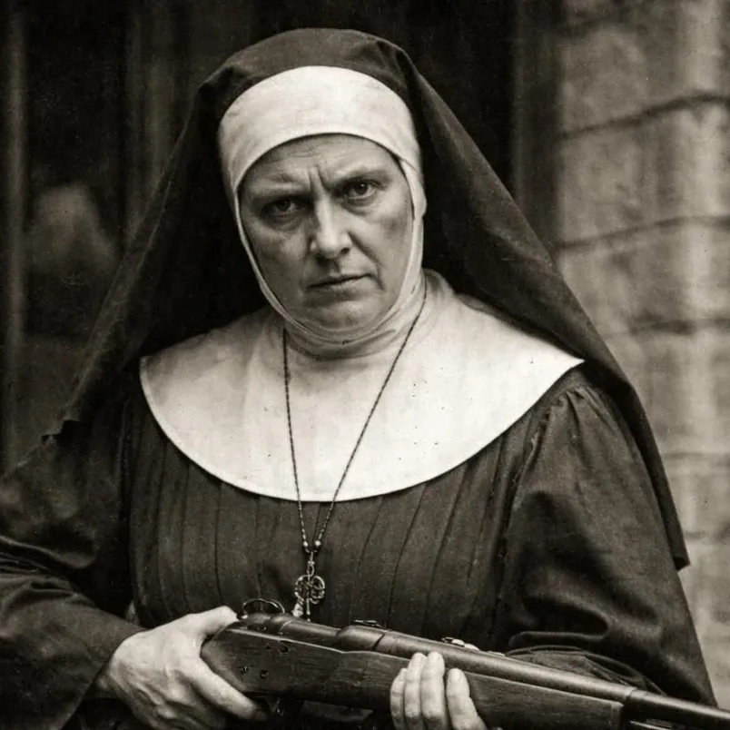 Photographie d'une soeur à l'air patibulaire, qui tient un fusil entre ses mains.