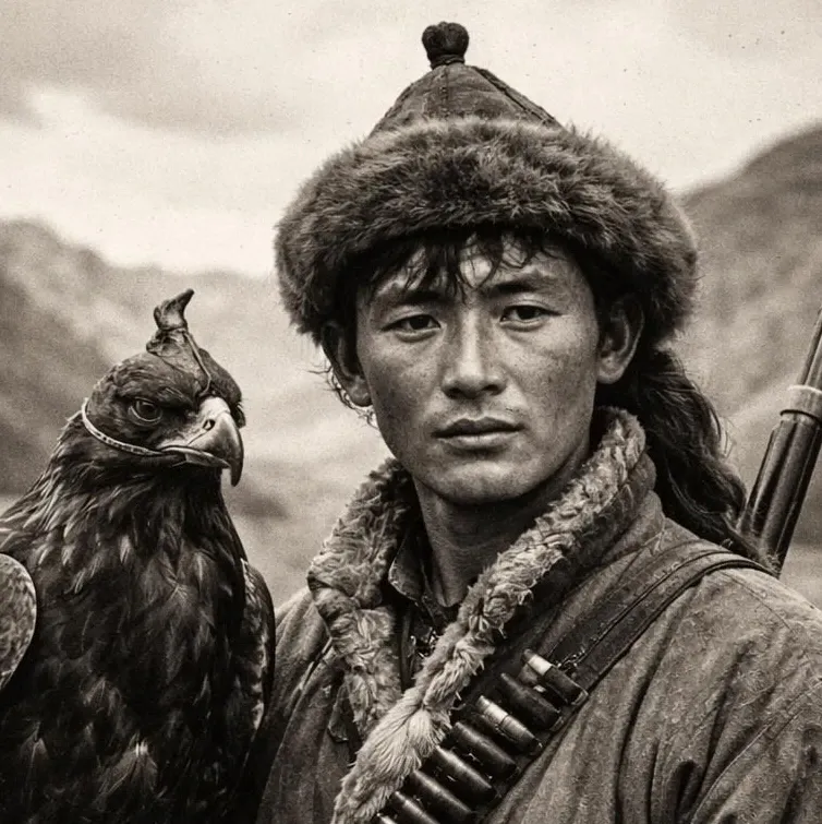 Vieille photographie d'un jeune chasseur mongol coiffé d'un bonnet de fourrure avec son aigle de chasse.