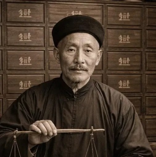 Vieille photographie d'un apothicaire chinois coiffé d'un bonnet, homme d'ùge mûr